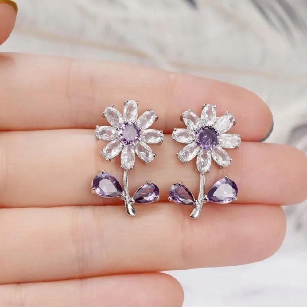 18K White Gold Purple Gemstone Flower Stud Earrings With Natural Zircon Bohemian